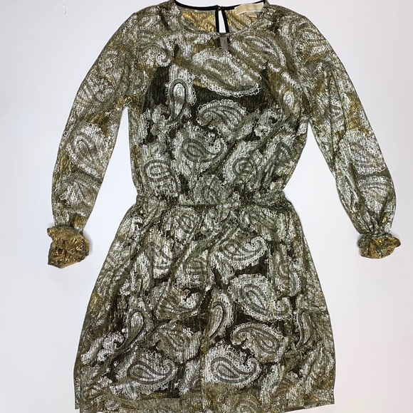 MICHAEL Michael Kors Gold Black Foil Paisley Long Sleeve Overlay Midi Dress - Picture 11 of 11